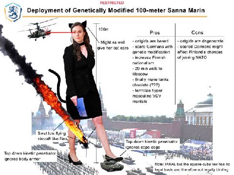 RESTRICTED Deployment of Genetically Modified 100-meter Sanna Marin Pros Cons Might as well catgirls are based catgirls are degenerate scare Germans with scared Germans might give her cat ears genetic