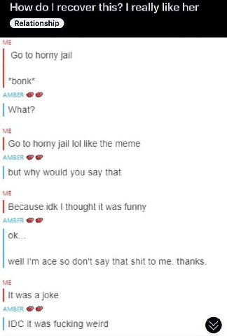 How recover this? really like her Relationship to horny jail What? to поту jail lol like the meme but why would you Say that Because idk thought it was funny well ace so don't say that shit to me. tha