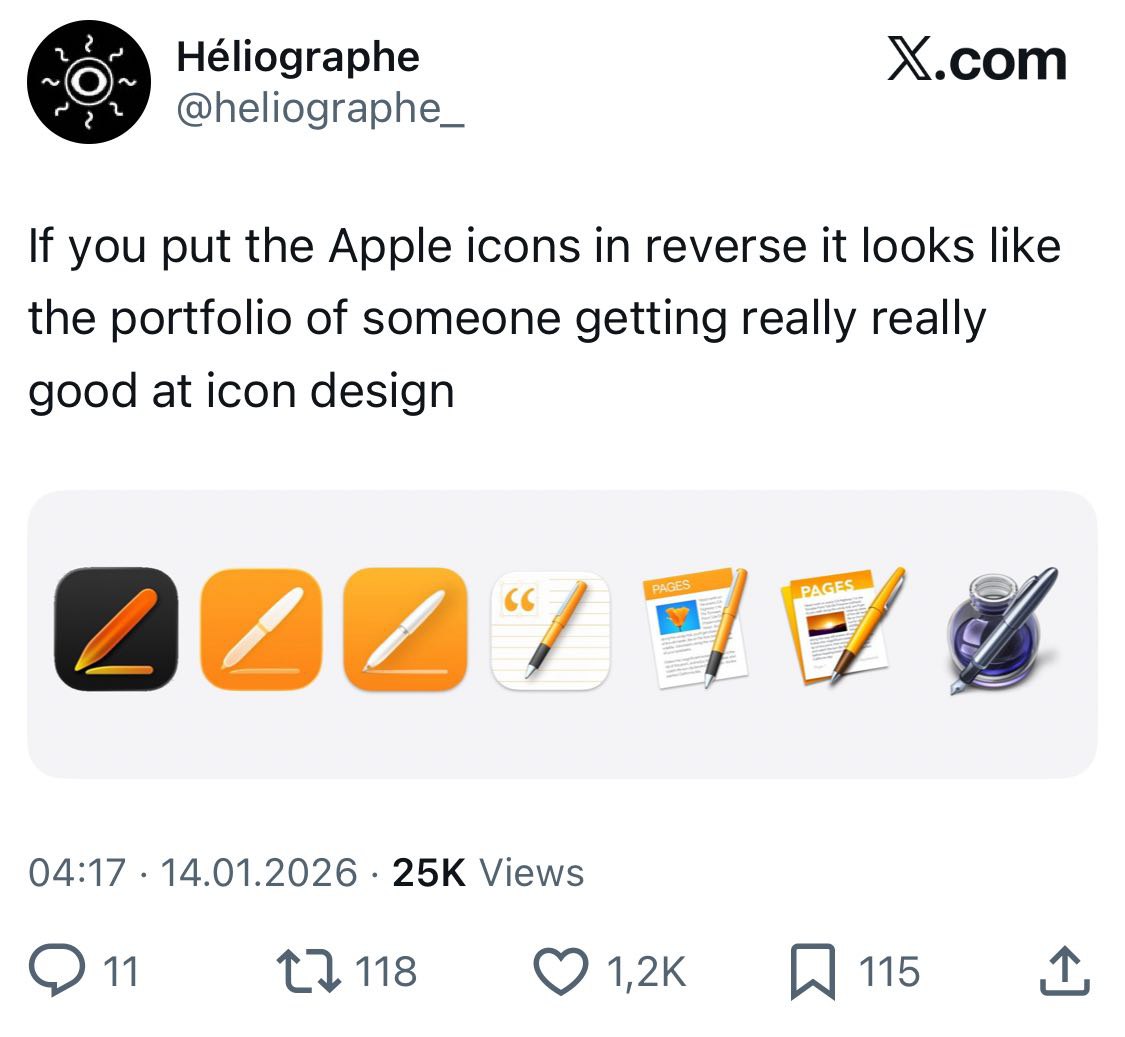 “Or Héliographe X.com If you put the Apple icons in reverse it looks like the portfolio of someone getting really really good at icon design 74 04:17 14.01.2026 Views 1} 118 12к 115
