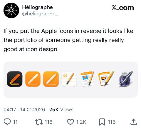 “Or Héliographe X.com If you put the Apple icons in reverse it looks like the portfolio of someone getting really really good at icon design 74 04:17 14.01.2026 Views 1} 118 12к 115