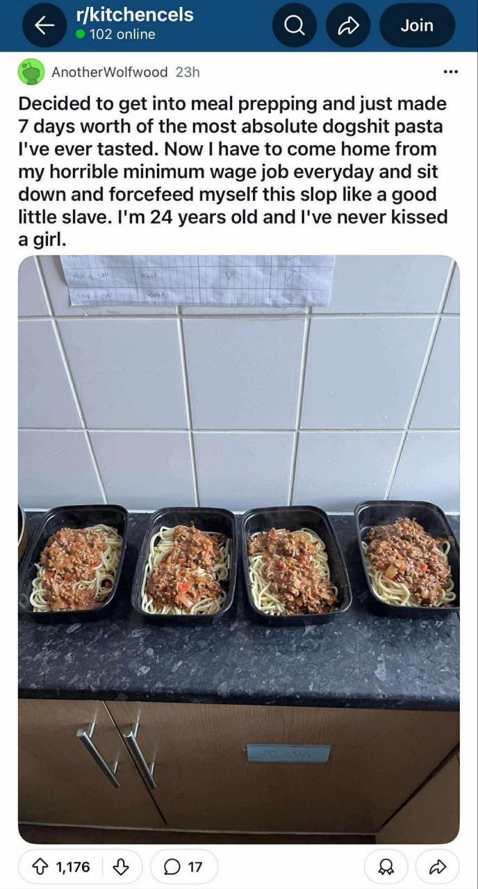 r/kitchencels 102 online Join AnotherWolfwood Decided to get into meal prepping and just made 7 days worth of the most absolute dogshit pasta I've ever tasted. Now have to come home from my horrible m