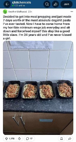 r/kitchencels 102 online Join AnotherWolfwood Decided to get into meal prepping and just made 7 days worth of the most absolute dogshit pasta I've ever tasted. Now have to come home from my horrible m