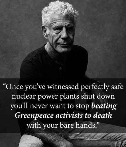 “Once you've witnessed perfectly safe nuclear power plants shut down you'll never want to stop beating Greenpeace activists to death with your bare hands.”