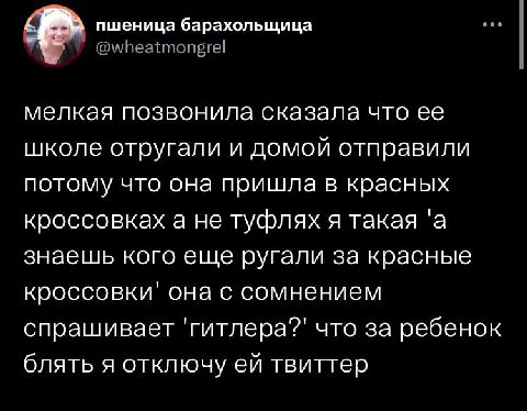 пшеница барахольщица 7 мелкая позвонила сказала что ее школе отругали и домои отправили потому что она пришла в красных кроссовках а не туфлях Я такая a знаешь кого еще ругали за красные кроссовки она