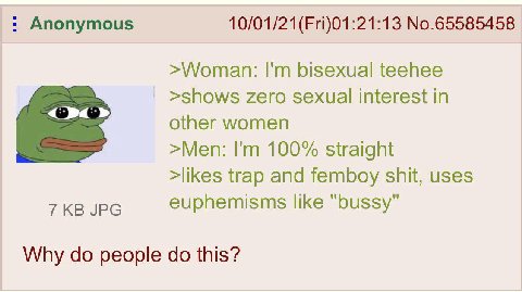 Anonymous No.65585458 bisexual teehee >shows zero sexual interest In other women >Men: 100% straight >likes trap and femboy shit, uses 7 JPG euphemisms like Why people this?