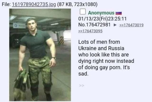 File: (87 Anonymous 01/13/23(Fri)23:25:11 No.176472981 >>176473019 Lots of men from Ukraine and Russia who look like this are dying right now instead of doing gay porn. It's sad.