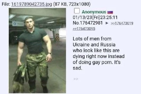File: (87 Anonymous 01/13/23(Fri)23:25:11 No.176472981 >>176473019 Lots of men from Ukraine and Russia who look like this are dying right now instead of doing gay porn. It's sad.