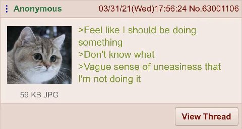 Anonymous 03/31/21(Wed)17:56:24 No.63001106 >Feel like should be doing something >Don't know what >Vague sense of uneasiness that not doing it JPG View Thread