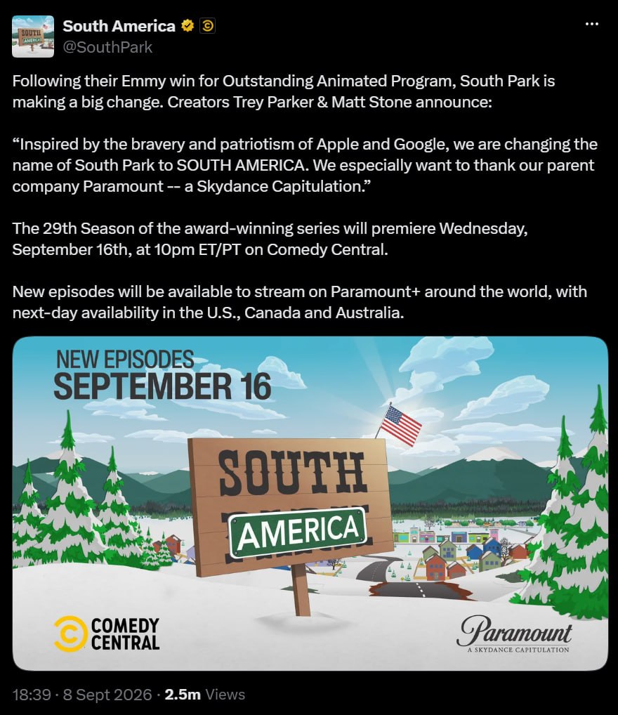 South America Gin Following their Emmy win for Outstanding Animated Program, South Park is making a big change. Creators Trey Parker Matt Stone announce: “Inspired the bravery and patriotism of Apple 