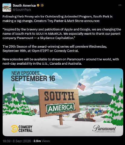 South America Gin Following their Emmy win for Outstanding Animated Program, South Park is making a big change. Creators Trey Parker Matt Stone announce: “Inspired the bravery and patriotism of Apple 