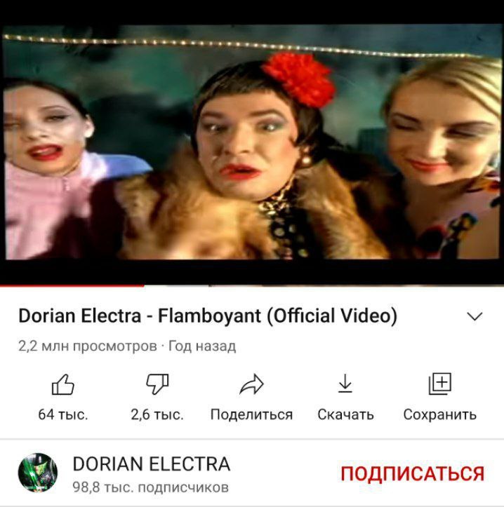 Dorian Electra Flamboyant (Official Video) 2,2 млн просмотров Год назад 64 тыс. 2,6 тыс. Поделиться Скачать Сохранить DORIAN ELECTRA ПОДПИСАТЬСЯ 98,8 тыс. подписчиков