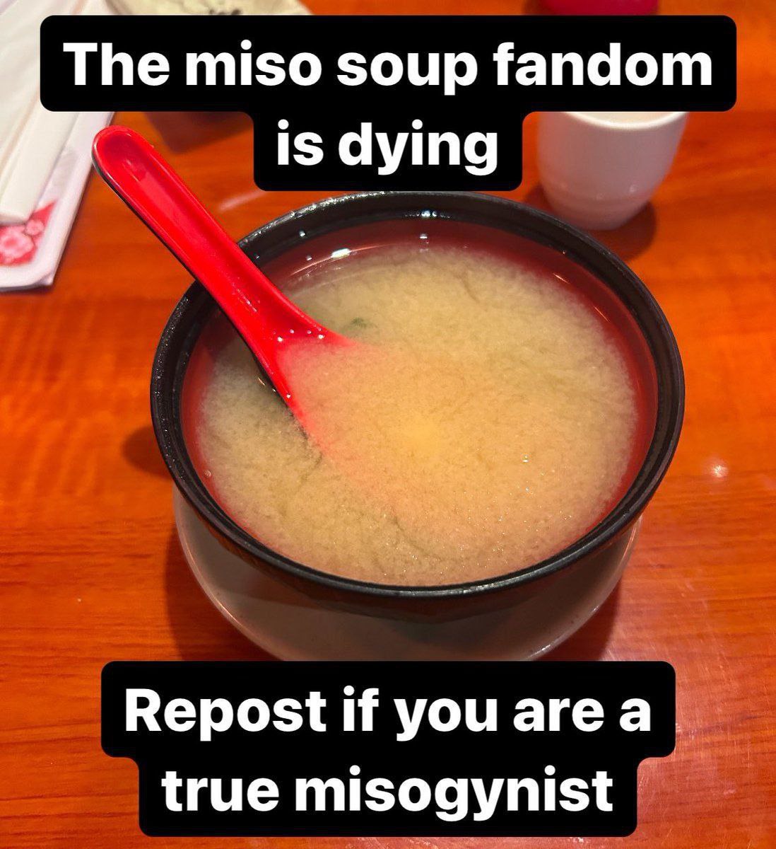 The miso soup fandom 15 dying Repost if you area true misogynist