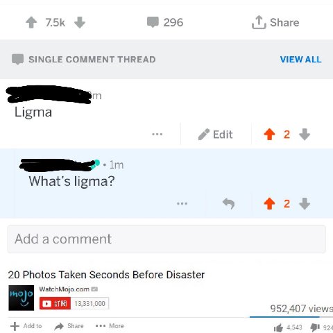 7.5К 296 Share SINGLE COMMENT THREAD VIEW ALL Ligma Edit 2 What's ligma? 4 2 Add а 20 Photos Taken Seconds Before Disaster WatchMojo.com 952,407 views Share eee More 1@ 454 924