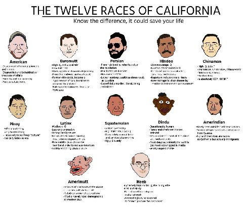 THE TWELVE RACES OF CALIFORNIA Know the difference, it could save your life American Euromutt Per: Hindoo Chinaman igh In -From rich families who fled after -Above average -Descendent of original pion