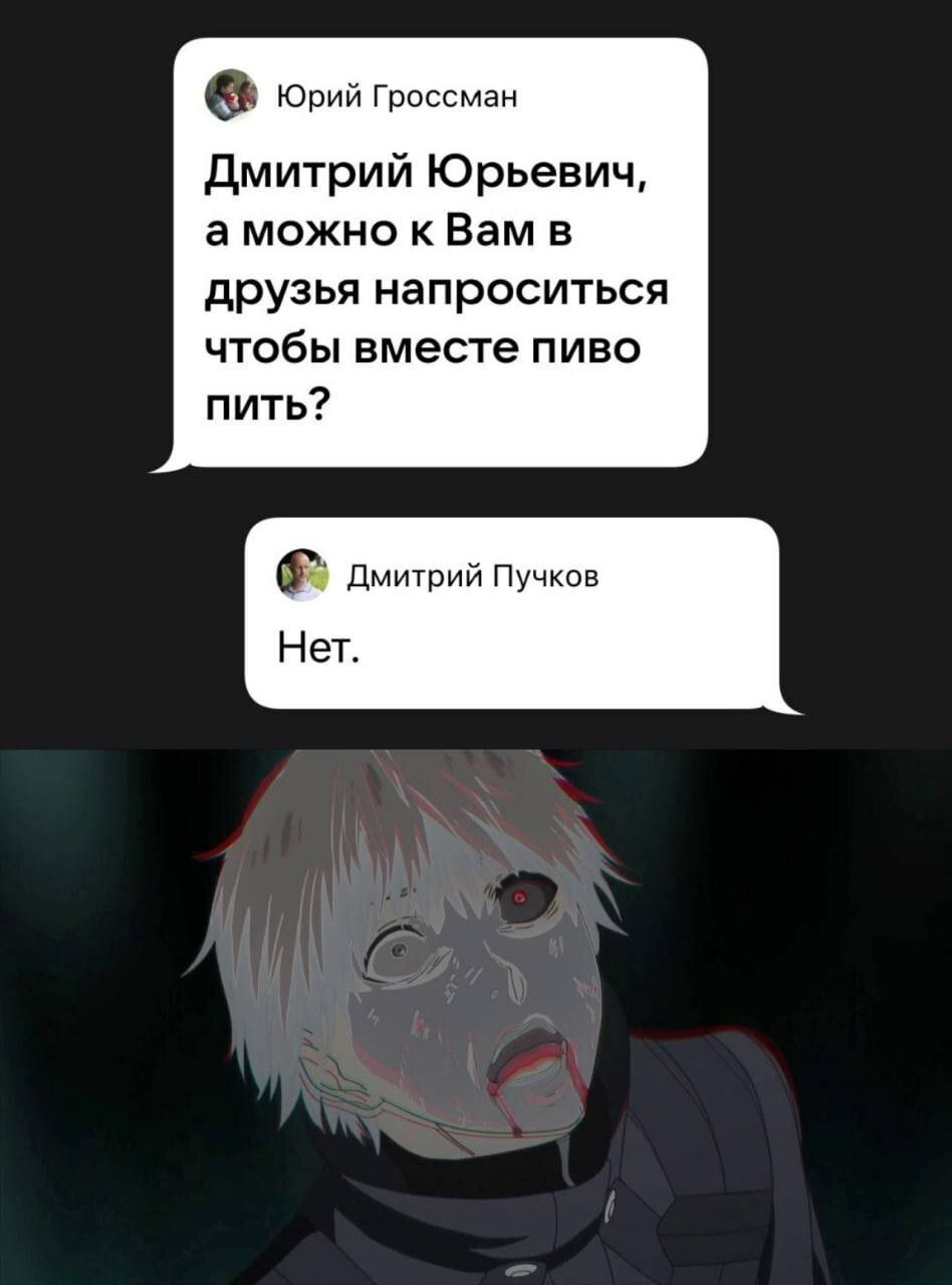 о Юрий Гроссман Дмитрий Юрьевич, а можно кВам в друзья напроситься чтобы вместе пиво пить? Дмитрий Пучков Нет.