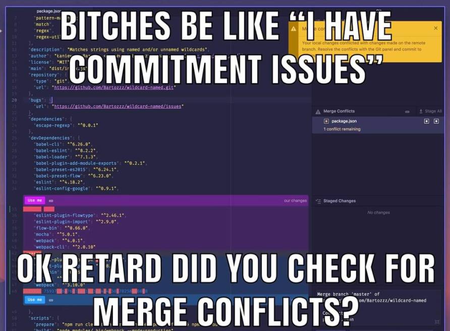 Dackage jsor [1 match regex regex-uti Your local changes conflicted with made on the remote escript strings using named and/or unnamed wildcards* branch, the conflicts with the Git panal end commit *t