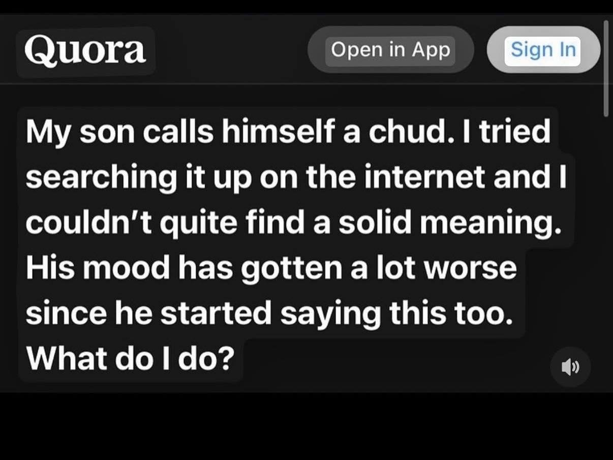 Quora Open in App My son calls himself а chud. tried searching it up on the internet and quite find a solid meaning. His mood has gotten a lot worse since he started saying this too. What