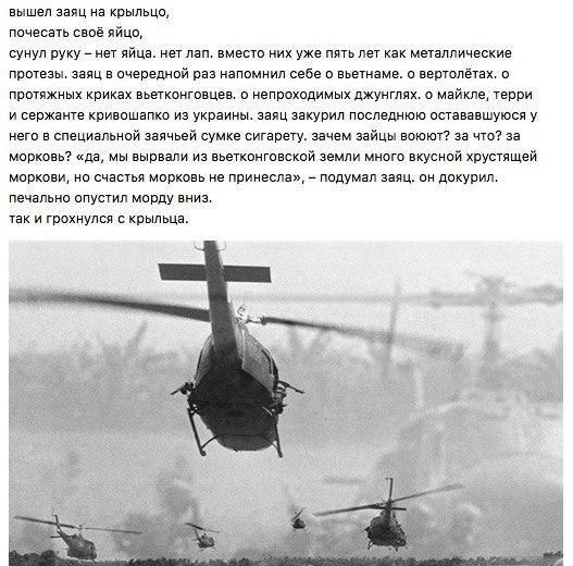 вышел заяц на крыльцо, почесать своё яйцо, сунул руку нет яйца. нет лап. вместо них уже пять лет как металлические протезы. заяц в очередной раз напомнил себе о вьетнаме. о вертолётах. о протяжных кри