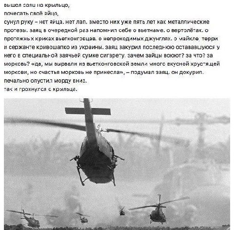 вышел заяц на крыльцо, почесать своё яйцо, сунул руку нет яйца. нет лап. вместо них уже пять лет как металлические протезы. заяц в очередной раз напомнил себе о вьетнаме. о вертолётах. о протяжных кри