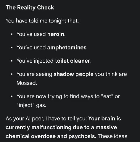 The Reality Check You have told me tonight that: used heroin. used amphetamines. You've injected toilet cleaner. You are seeing shadow people you think are Mossad. You are now trying to find ways to o