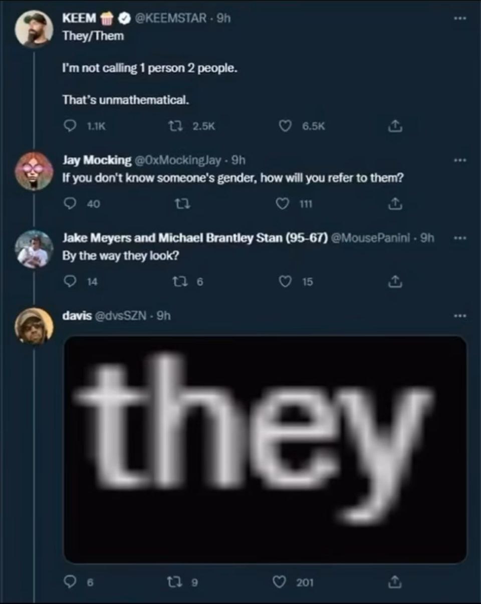 КЕЕМ @KEEMSTAR They/Them not calling 1 person 2 people. That’s unmathematical. так {3 Jay Mocking If you don't know someone's gender, how will you refer to them? 40 Jake Meyers and Michael Stan (95-67