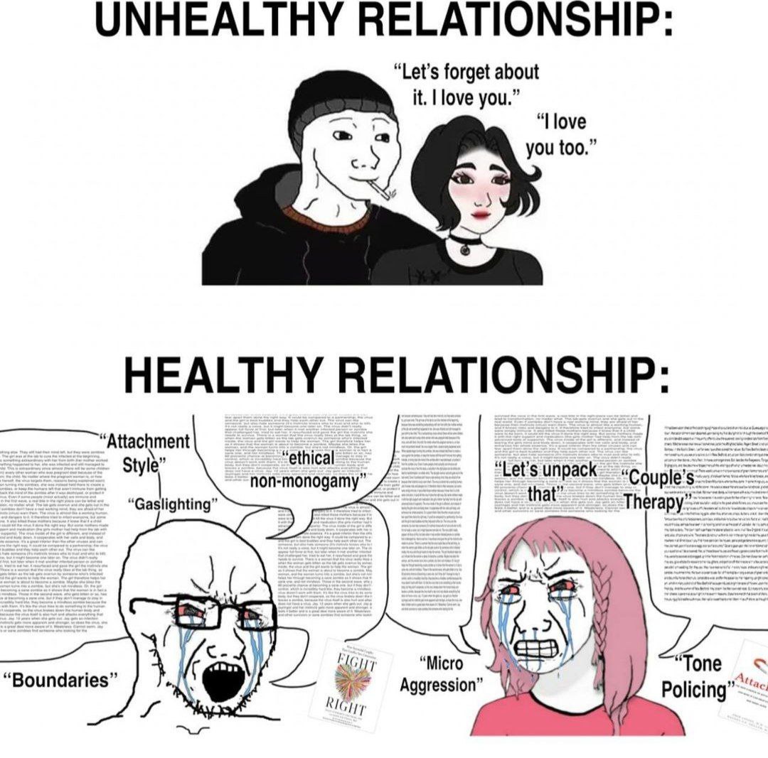UNHEALTHY RELATIONSHIP forget about it. love you.” “Поуе you too.” HEALTHY RELATIONSHIP Attachment style” “ethical ‘Let's unpack “Coup “Gaslighting” non-monogamy” Therapy” “Boundaries” Aggression” “Mi