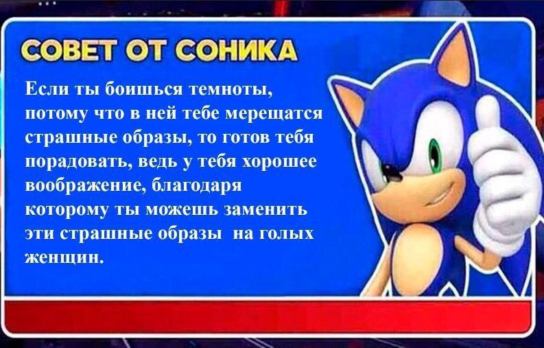 СОВЕТ ОТ СОНИКА Если ты боишься темноты, потому что в ней тебе мерещатся страшные образы, то готов тебя порадовать, ведь у тебя хорошее воображение, благодаря которому ты можешь заменить эти страшные 