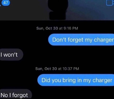 47 Don't forget my charger won't Did you bring in my charger No forgot