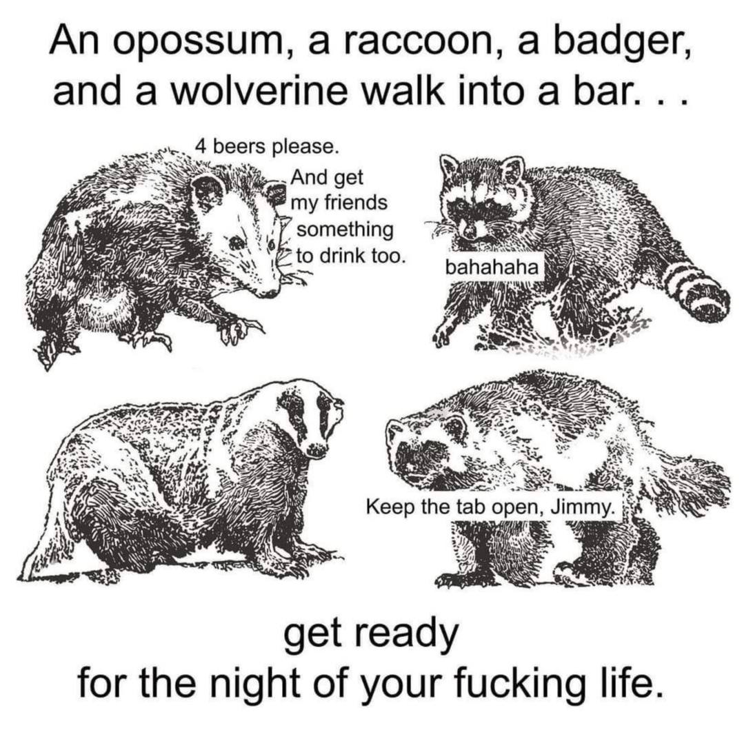 An opossum, a raccoon, а badger, and a wolverine walk into a Баг... beers please. And get my friends something drink too. bahahaha Keep the tab 0 get meaty for the night of your fucking life.