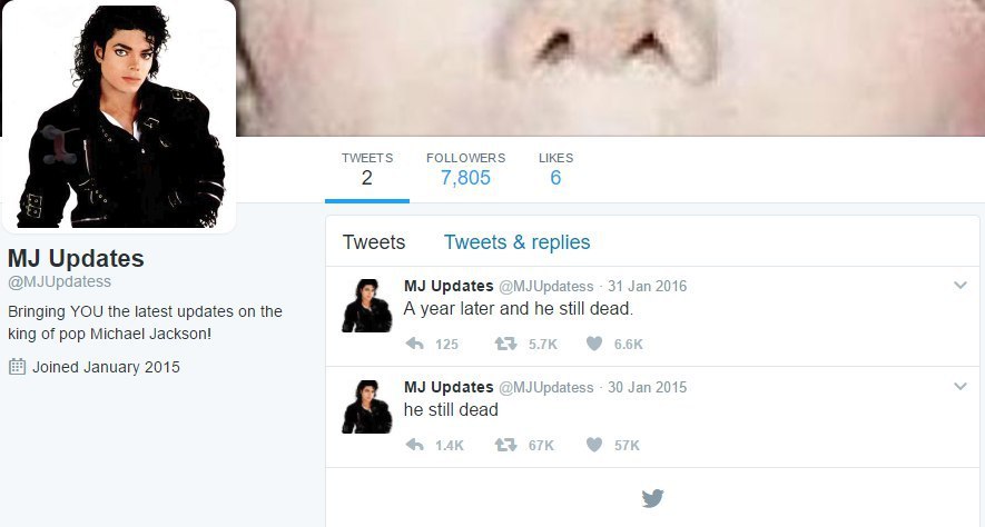 Tweets Tweets replies Updates Updates Bringing YOU the latest updates on the A year later and he still dead king of pop Michael Jackson! Joined January 2015 Updates he still dead