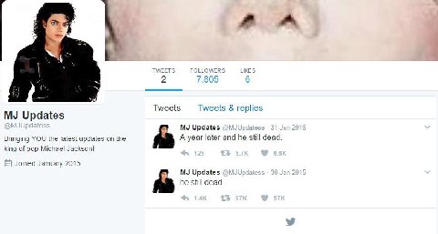 Tweets Tweets replies Updates Updates Bringing YOU the latest updates on the A year later and he still dead king of pop Michael Jackson! Joined January 2015 Updates he still dead