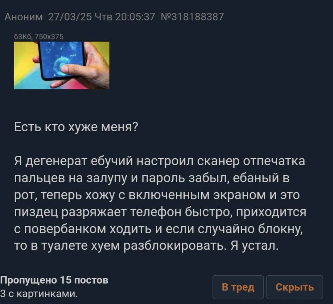 Аноним 27/03/25 Чтв 20:05:37 №318188387 Есть кто хуже меня? Я дегенерат ебучий настроил сканер отпечатка пальцев на залупу и пароль забыл, ебаный в рот, теперь хожу с включенным экраном и это пиздец р