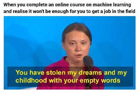 When you complete an online course machine learning and realise it won't be enough for you to get a job in the field You have stolen my dreams and my childhood with your empty words