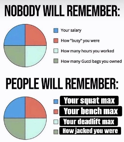 NOBODY WILL REMEMBER: Your salary How you were How many hours you worked How many Gucci bags you owned PEOPLE WILL REMEMBER: Your squat max Your bench max Your deadlift max i) How jacked you were