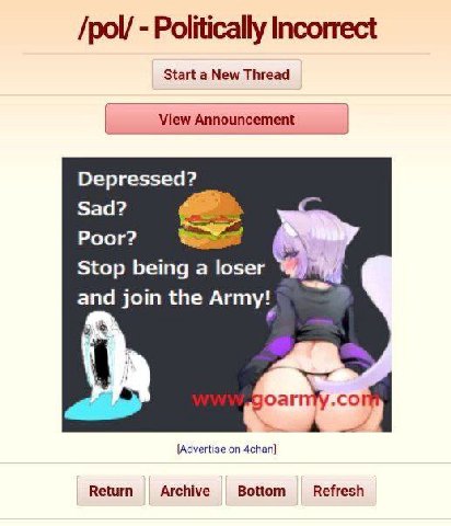 /pol/ Politically Incorrect Start a New Thread View Announcement Depressed? Sad? Poor? Stop being a loser join the Army! у [Advertise on 4chan] Return Archive Bottom Refresh