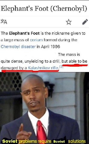 Elephant's Foot (Chernobyl) The Elephant's Foot is the nickname given to a large mass of corium formed during the disaster in April 1986 The mass is quite dense, unyielding to a drill, but able to be 