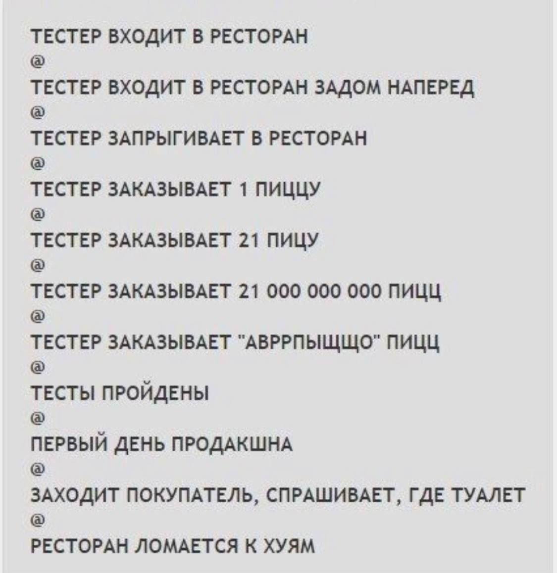 ТЕСТЕР ВХОДИТ В РЕСТОРАН ТЕСТЕР ВХОДИТ В РЕСТОРАН ЗАДОМ НАПЕРЕД TECTEP ЗАПРЫГИВАЕТ В РЕСТОРАН ТЕСТЕР ЗАКАЗЫВАЕТ 1 ПИЦЦУ ТЕСТЕР ЗАКАЗЫВАЕТ 21 ПИЦУ ТЕСТЕР ЗАКАЗЫВАЕТ 21 000 000 000 ПИЦЦ ТЕСТЕР ЗАКАЗЫВАЕ