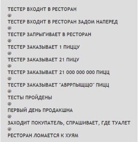 ТЕСТЕР ВХОДИТ В РЕСТОРАН ТЕСТЕР ВХОДИТ В РЕСТОРАН ЗАДОМ НАПЕРЕД TECTEP ЗАПРЫГИВАЕТ В РЕСТОРАН ТЕСТЕР ЗАКАЗЫВАЕТ 1 ПИЦЦУ ТЕСТЕР ЗАКАЗЫВАЕТ 21 ПИЦУ ТЕСТЕР ЗАКАЗЫВАЕТ 21 000 000 000 ПИЦЦ ТЕСТЕР ЗАКАЗЫВАЕ
