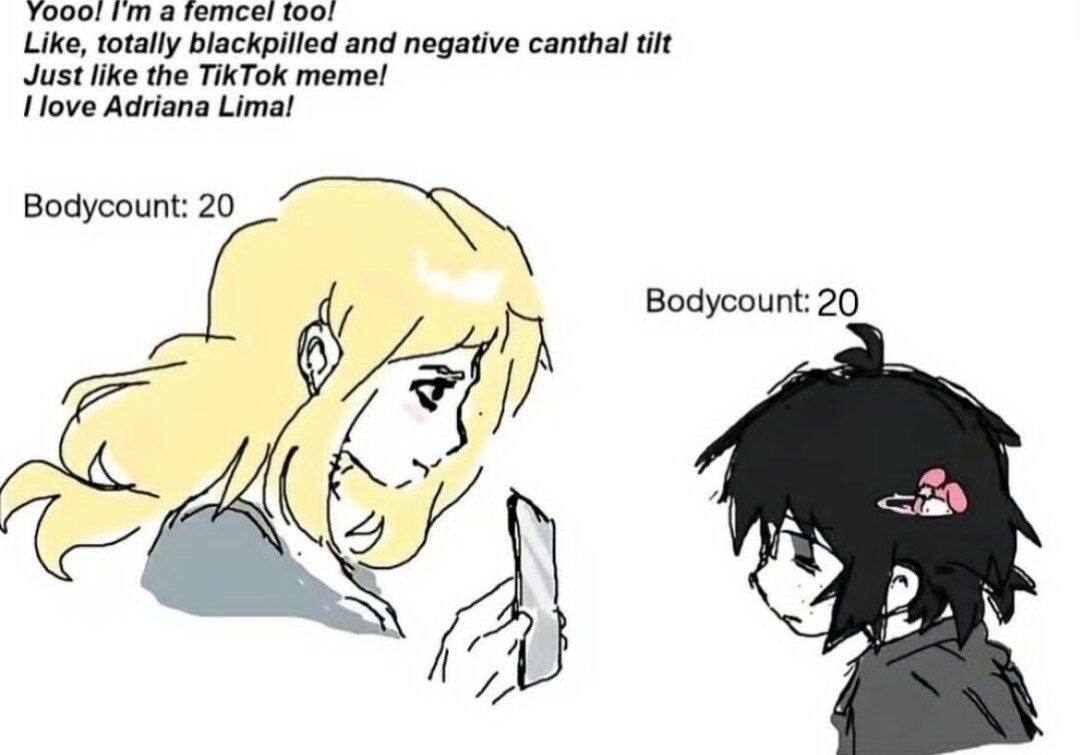 Тетсе! too! Like, totally blackpilled and negative canthal tilt Just like the TikTok meme! love Adriana Lima! Bodycount: 20 Bodycount: 20 (7