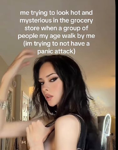 me trying to look hot and mysterious in the grocery store when a group of people my age walk me trying to not have a panic attack)