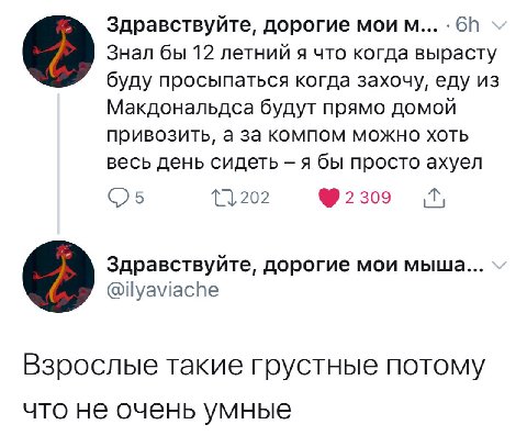 Здравствуйте, дорогие мои Знал бы 12 летний я что когда вырасту буду просыпаться когда захочу, еду из Макдональдса будут прямо домой привозить, а за компом можно хоть весь день сидеть я бы просто ахуе
