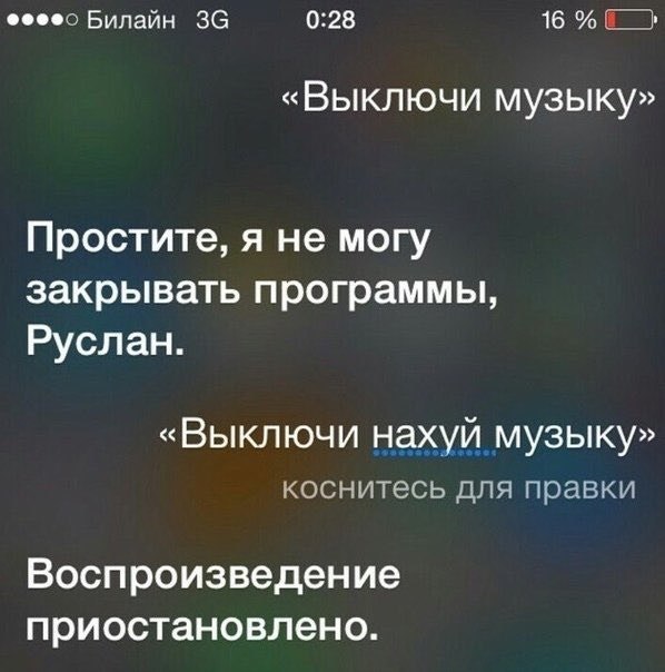Билайн 0:28 16 «Выключи музыку» Простите, я не могу закрывать программы, Руслан. «Выключи нахуй музыку» коснитесь для правки Воспроизведение приостановлено.