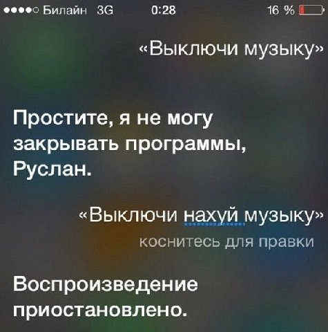 Билайн 0:28 16 «Выключи музыку» Простите, я не могу закрывать программы, Руслан. «Выключи нахуй музыку» коснитесь для правки Воспроизведение приостановлено.