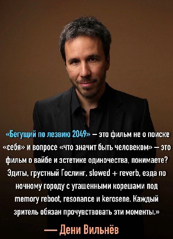 «Бегущий по лезвию 2049» это фильм не о поиске «себя» и вопросе «что значит быть человеком» это фильм о вайбе и эстетике одиночества, понимаете? Здиты, грустный Гослинг, slowed reverb, езда по ночному