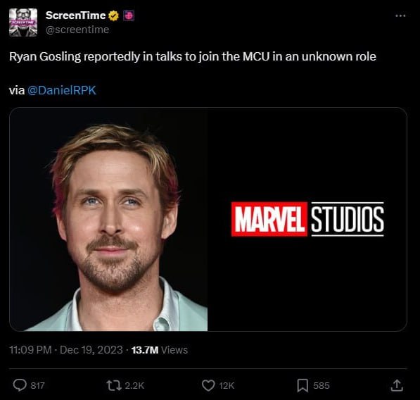 ScreenTime Ryan Gosling reportedly talks to join the MCU in an unknown role via STUDIOS