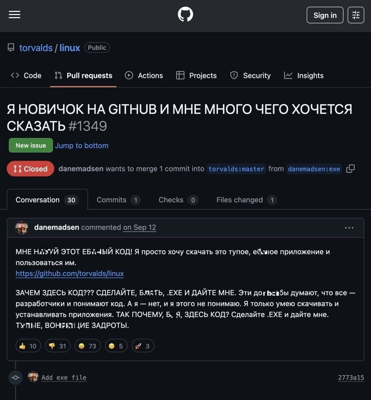 о torvalds linux (Public Code 11 Pull requests Actions Projects Security Insights Я НОВИЧОК GITHUB И МНЕ МНОГО ЧЕГО ХОЧЕТСЯ СКАЗАТЬ #1349 Jump to bottom danemadsen wants to merge 1 commit into torvald