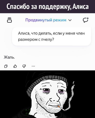 Спасибо за поддержку, Алиса Продвинутый режим Алиса, что делать, если у меня член размером с пчелу? Жаль. 6 a