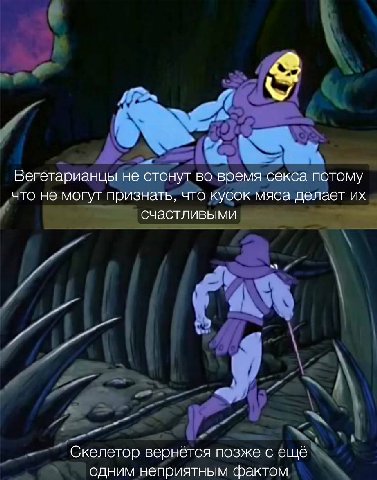 Вегетарианцы не стонут во время секса потому что не могут признать, что кусок мяса делает счастливыми Скелетор вернётся позже с ешё одним неприятным фактом