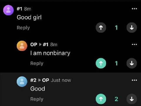 eee #1 Good girl Reply 1 #1 eee nonbinary Reply у eee #2 Just now Good у Reply 2