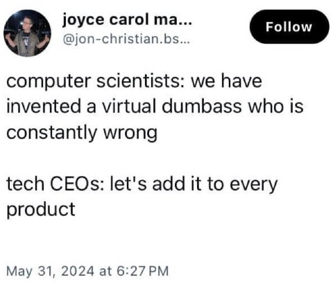 joyce carol @jon-christian.bs... computer scientists: we have invented a virtual dumbass who is constantly wrong tech CEOs: let's add it to every product May 31, 2024 at